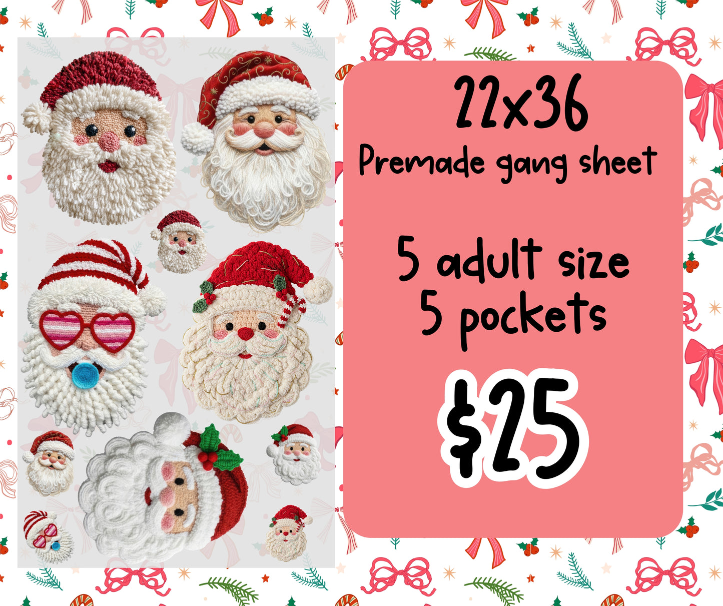 Premade gang sheet Christmas faux knit Santa’s