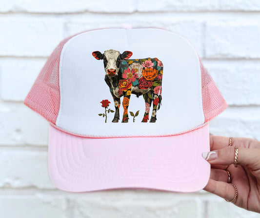 Hat floral cow
