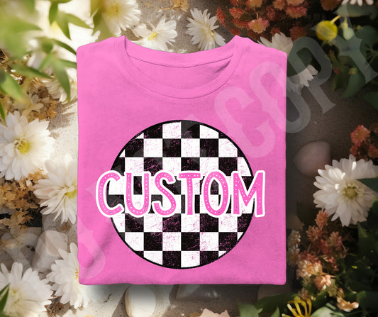 Add your custom name, word, or short saying  checker pink