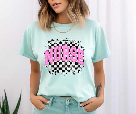 Pink Nurse with Checkered Background